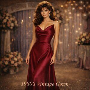 Vintage 1980s Burgundy Satin Rhinestone Strap Gown Handmade Formal Prom Dress